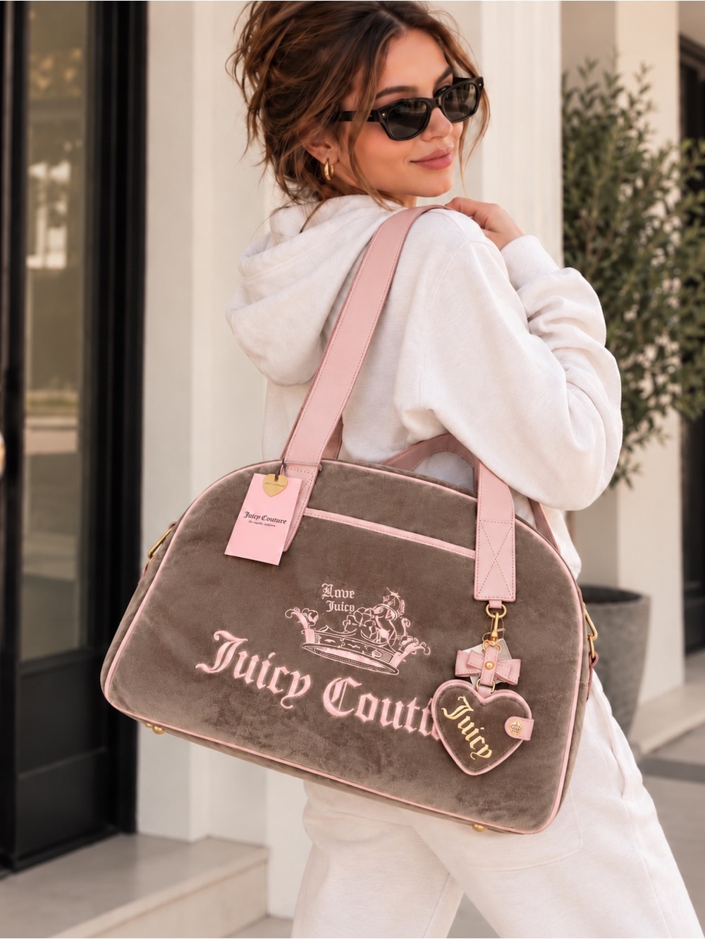 Juicy Couture Velour Weekender Bag Brown Pink Heart Charm Y2K